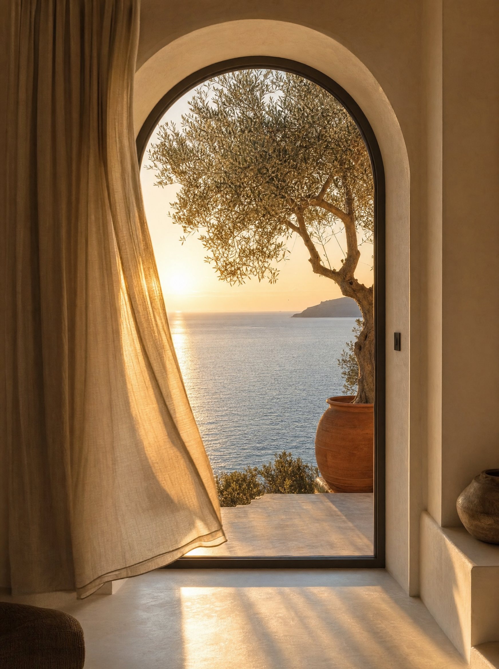 An arched window opening onto the sea in warm light