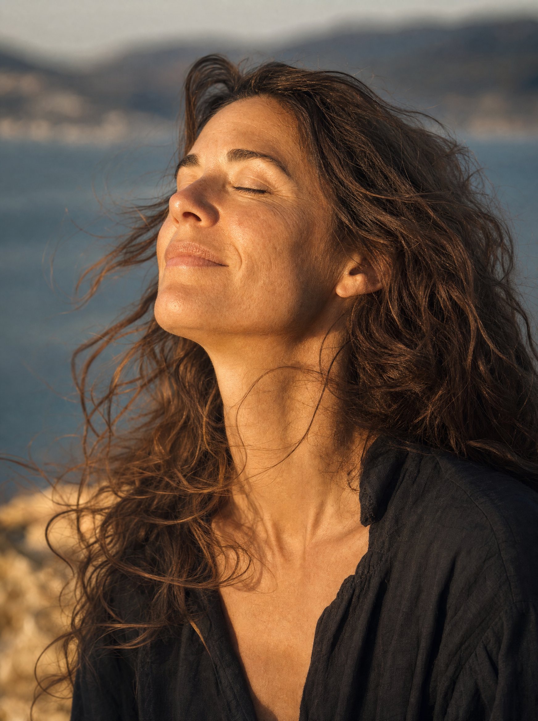 A woman with her eyes closed, face turned up to warm sunlight
